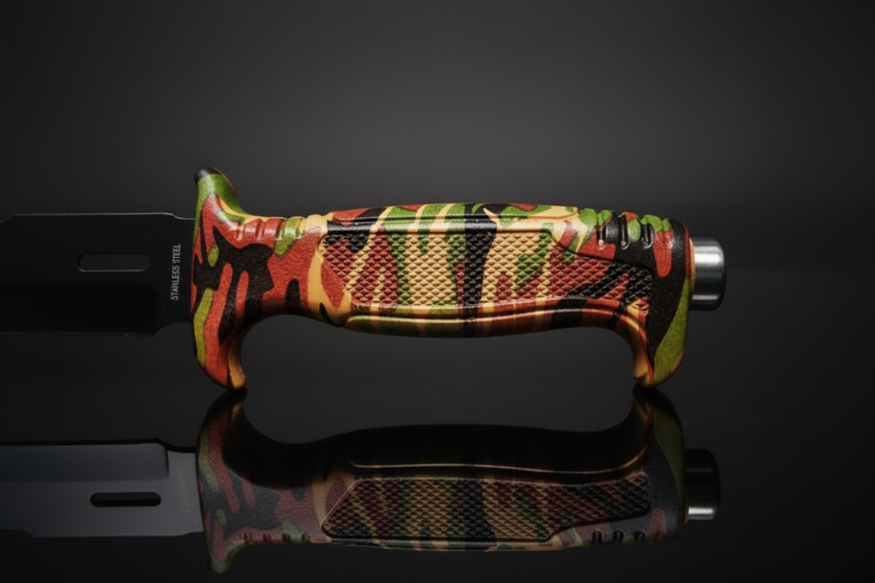 Detalle del mango de camuflaje antideslizante del cuchillo militar Marines The Cuba – fondo oscuro con efecto espejo