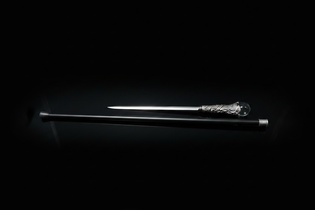 Shadowcane bastone animato smontato vista completa 94cm con bastone nero, impugnatura in metallo inciso, sfera in cristallo e lama in acciaio 30cm