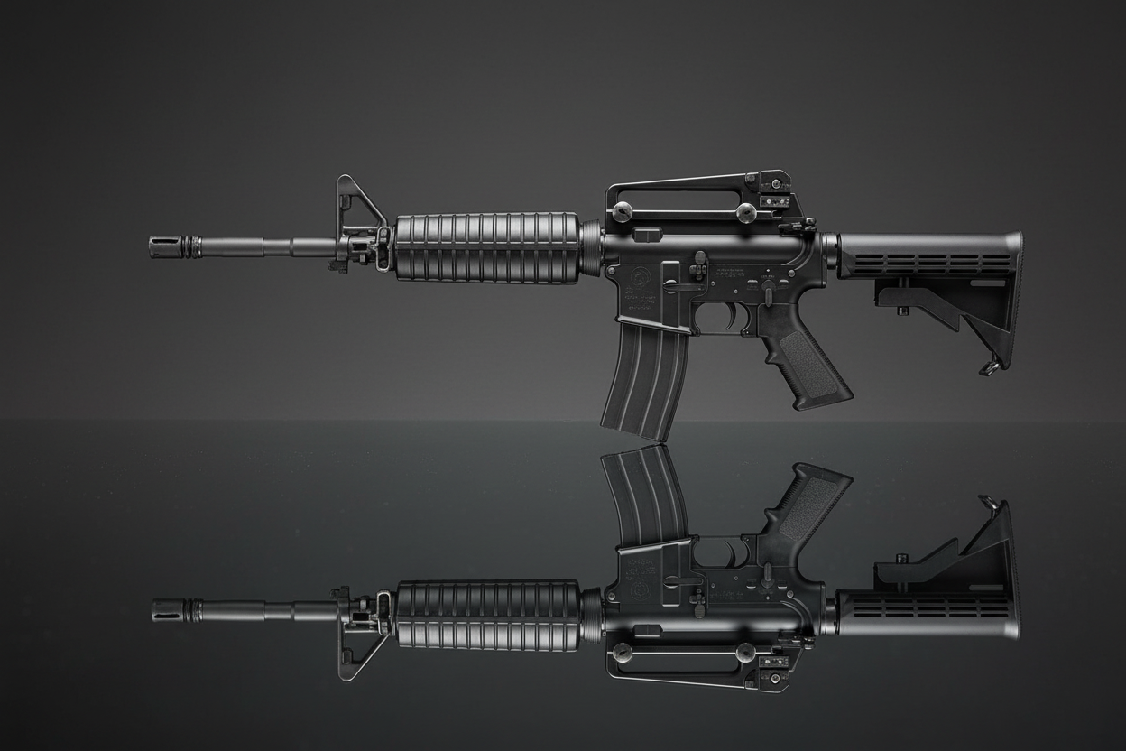 Tokyo Marui M4A1 MWS su sfondo grigio scuro con piano a specchio
