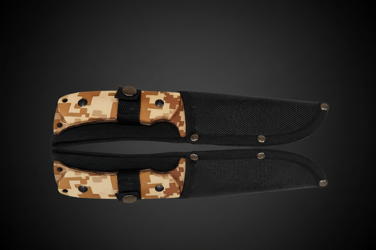 Couteau Desert Storm à lame fixe inséré dans sa gaine en Cordura noire avec poignée en ABS camouflage digital désert tan visible – fond sombre avec effet miroir