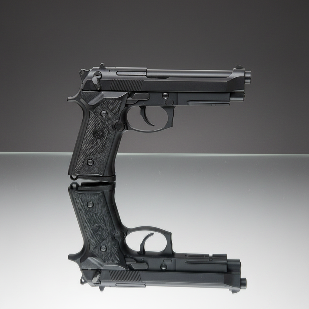Pistola softair a gas M9 Vertec Blowback nera - vista laterale sinistra su sfondo scuro piano a specchio