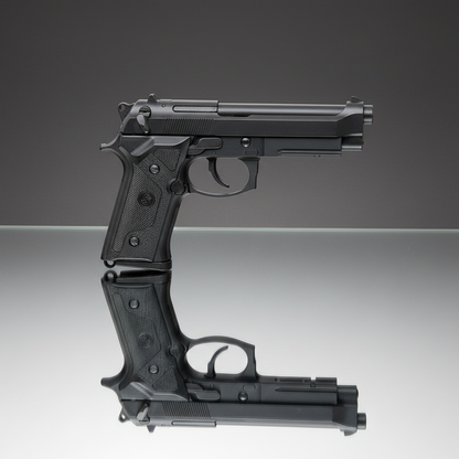 Pistola softair a gas M9 Vertec Blowback nera - vista laterale sinistra su sfondo scuro piano a specchio