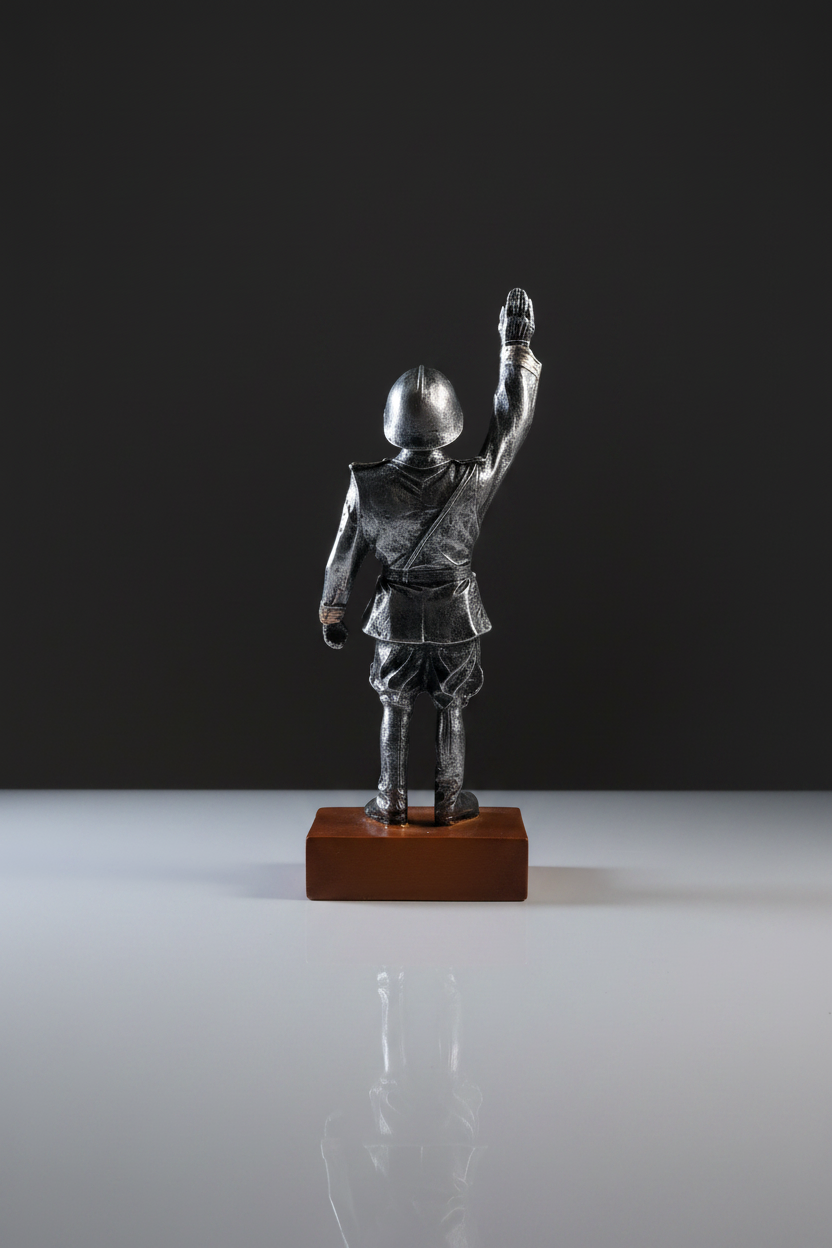 Statuetta Benito Mussolini saluto romano in resina argentata - vista posteriore