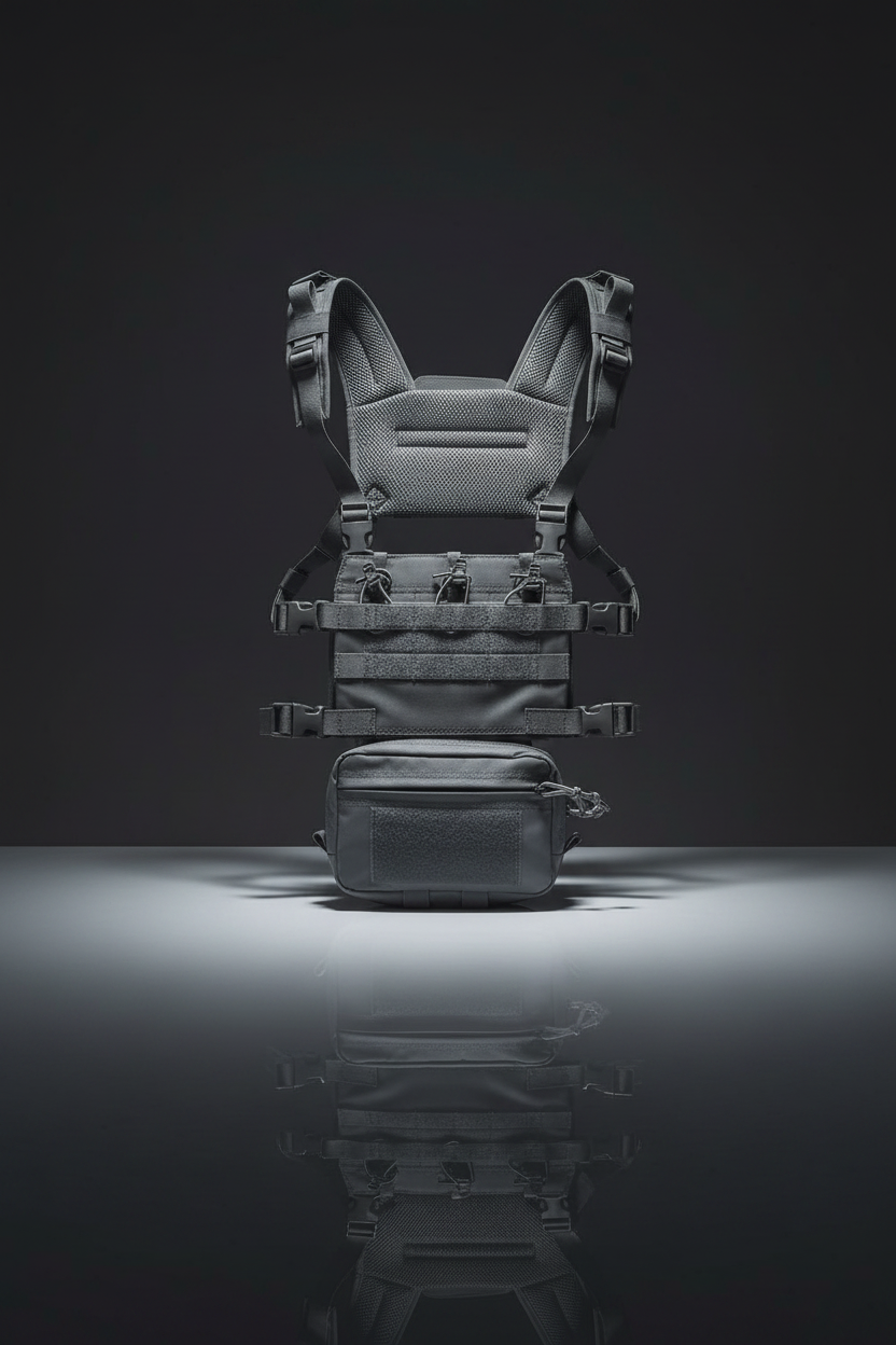 Pettorina tattica softair Big Foot R Assault Chest Rig colore Grigio con sistema MOLLE su sfondo scuro piano a specchio