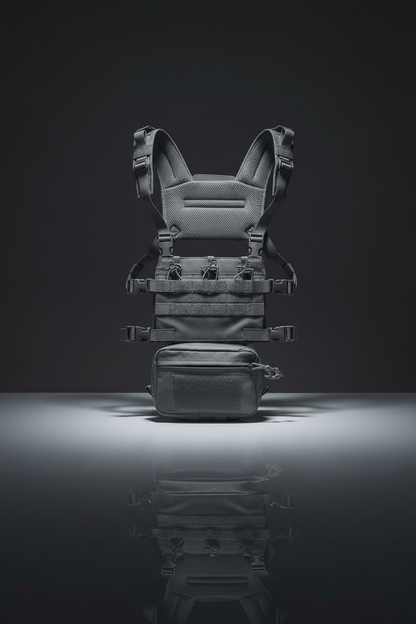 Pettorina tattica softair Big Foot R Assault Chest Rig colore Grigio con sistema MOLLE su sfondo scuro piano a specchio
