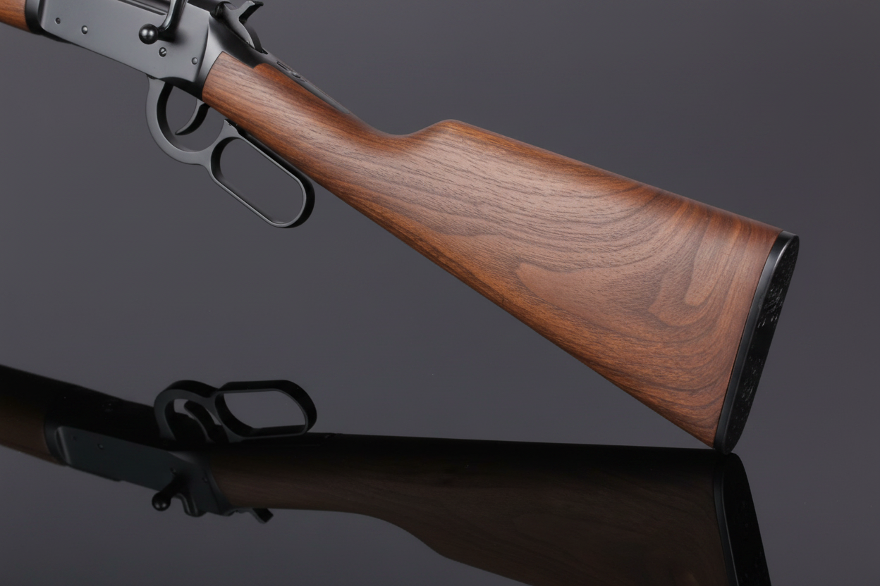 Double Bell Winchester M1894 dettaglio calcio in legno su sfondo grigio scuro con piano a specchio