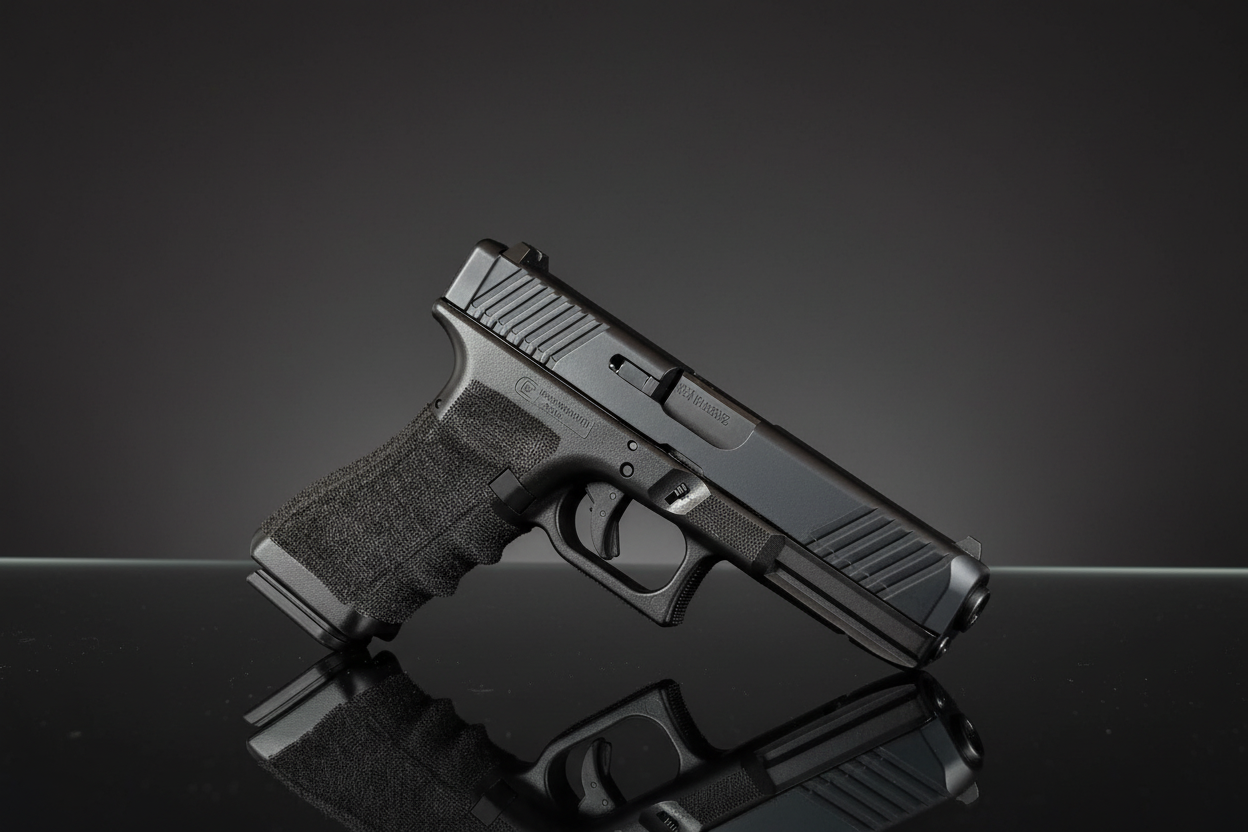 Pistola airsoft Huntsman V17 TTI nera su sfondo scuro e piano a specchio