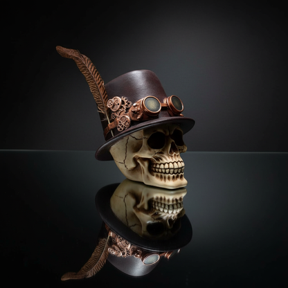 Teschio Steampunk con Cappello e Piume - sfondo scuro