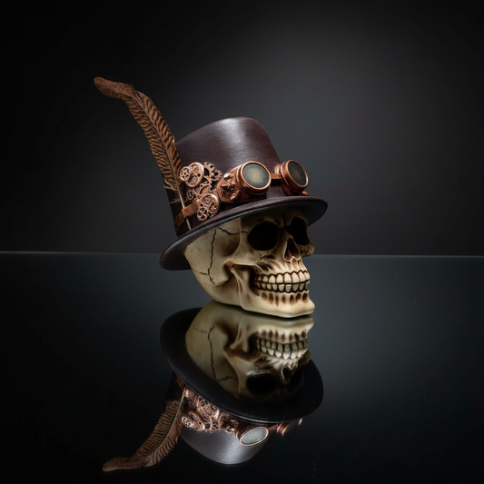 Teschio Steampunk con Cappello e Piume - sfondo scuro