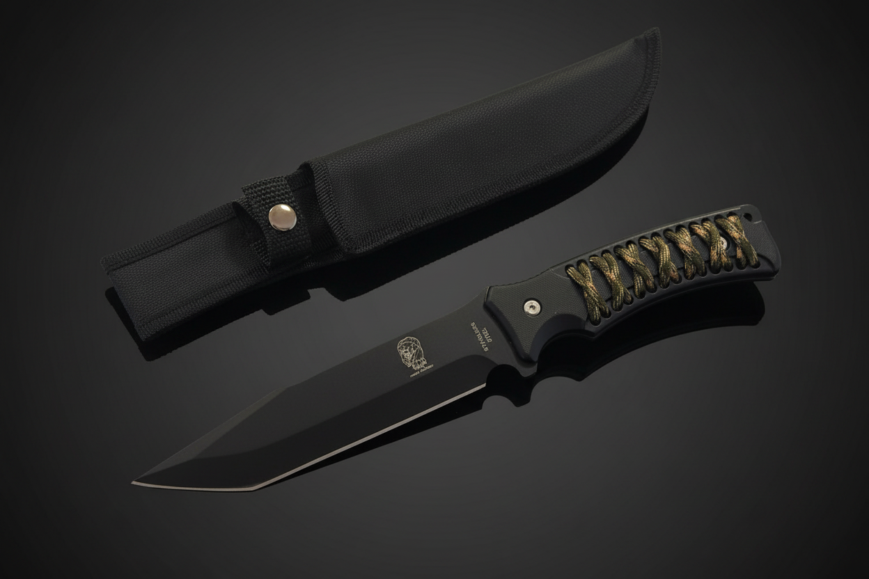 Coltello da caccia professionale Black Viper Cougar Collection a lama fissa nera in acciaio 420 con impugnatura ABS e cordura mimetica intrecciata, accanto al fodero in Cordura nera – sfondo scuro con piano a specchio