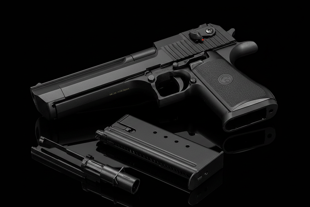 Pistola airsoft Desert Eagle Double Bell 779S con componenti smontati caricatore e canna - vista completa kit su sfondo scuro