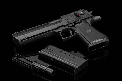 Pistola airsoft Desert Eagle Double Bell 779S con componenti smontati caricatore e canna - vista completa kit su sfondo scuro