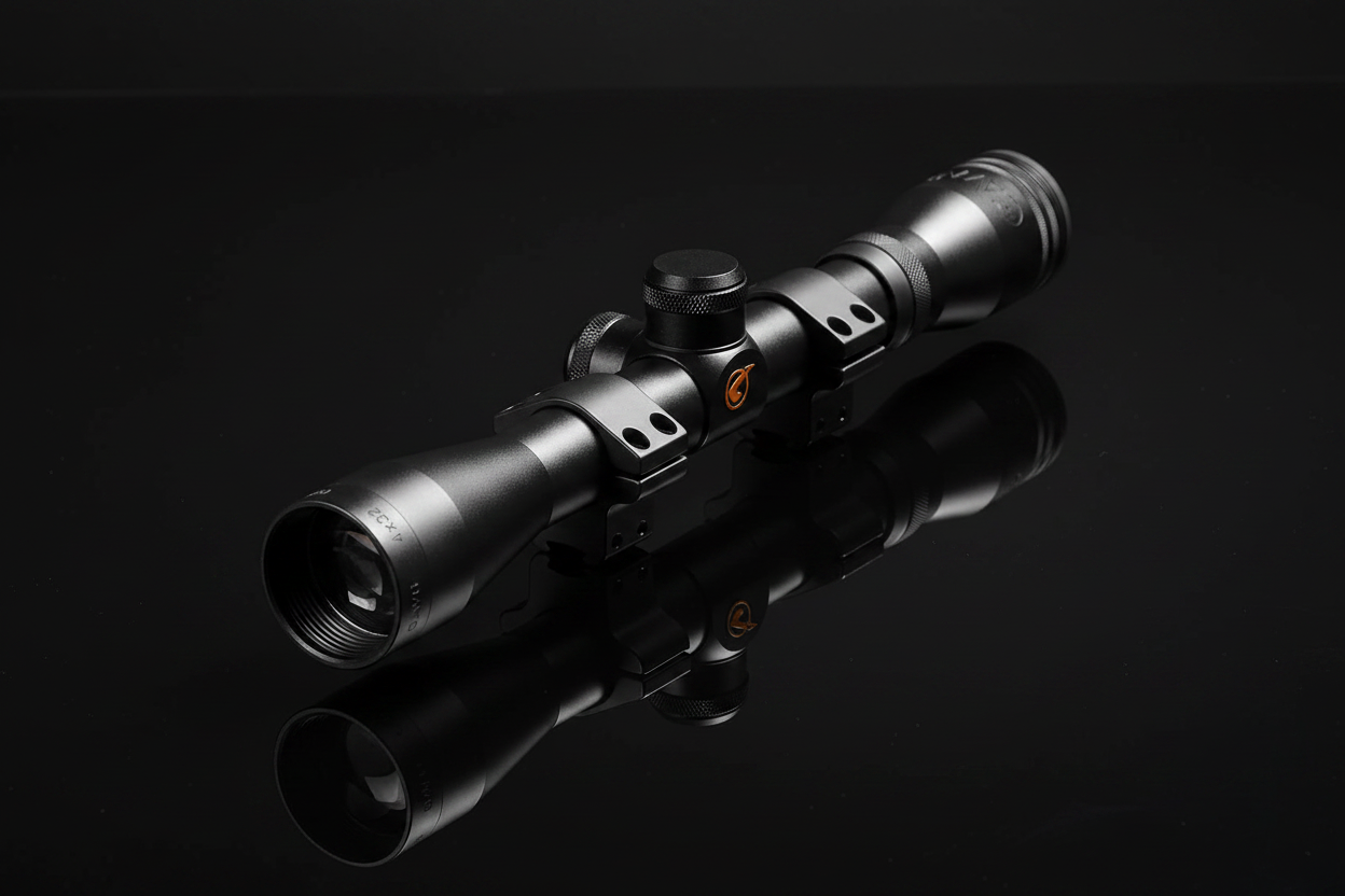 Cannocchiale Gamo LC4x32WR con scritta Gamo e 4x32 visibili - ottica tattica nera con attacchi 11mm su sfondo scuro