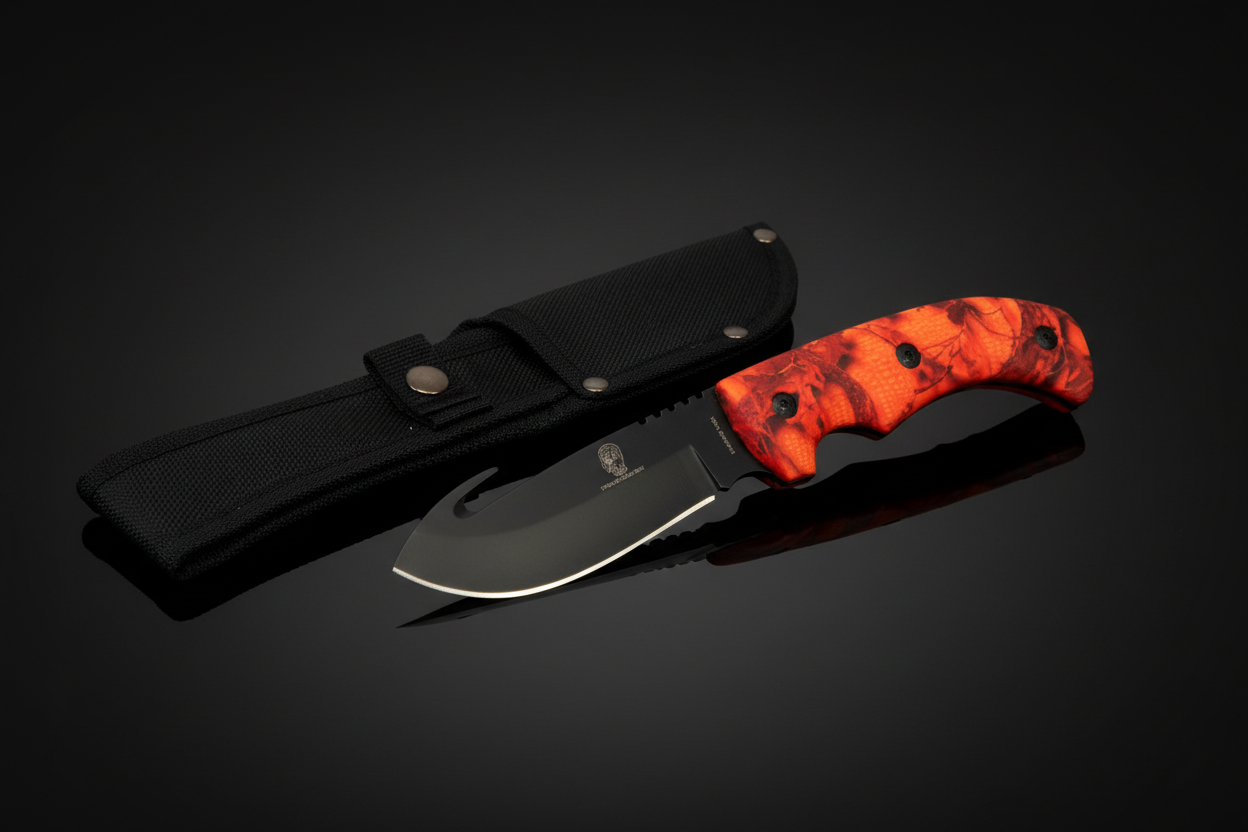 Coltello Skinner mimetico rosso con lama nera e fodero Cordura su sfondo scuro con piano a specchio