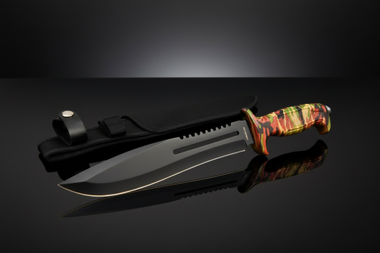 Coltello militare da caccia mimetico Marines The Cuba con fodero Cordura su sfondo scuro e piano a specchio