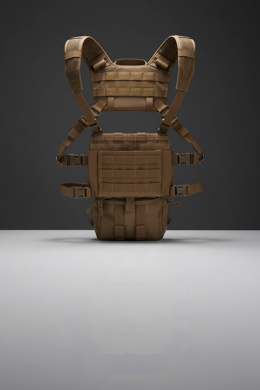 Pettorina tattica softair Big Foot R Assault Chest Rig Tan - vista posteriore con pannello MOLLE e tasca utility su sfondo scuro piano a specchio