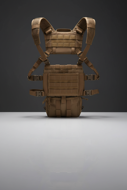 Pettorina tattica softair Big Foot R Assault Chest Rig Tan - vista posteriore con pannello MOLLE e tasca utility su sfondo scuro piano a specchio