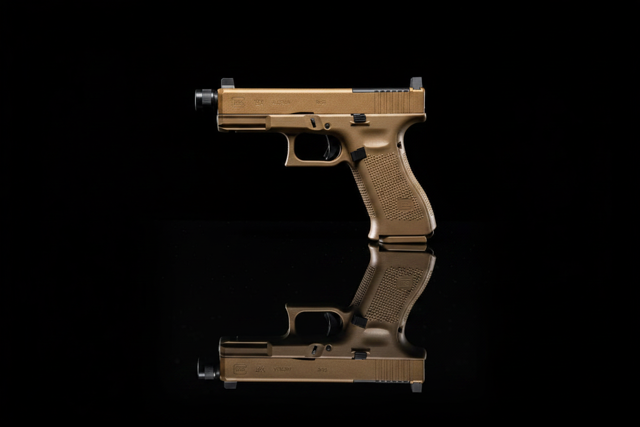 Umarex Glock G19X MOS Airsoft GBB – Coyote Tan sfondo nero piano specchio