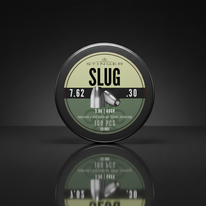 Stinger Slug piombini 7,62mm 3,9g 100pz su sfondo scuro con piano a specchio