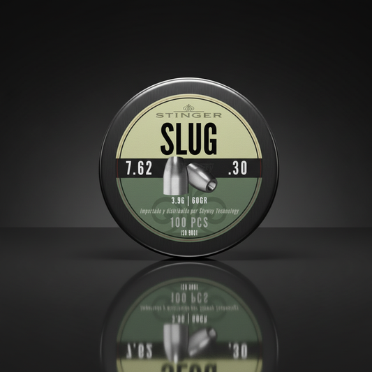 Stinger Slug piombini 7,62mm 3,9g 100pz su sfondo scuro con piano a specchio