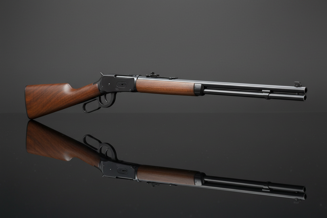 Double Bell Winchester M1894 vista angolata su sfondo grigio scuro con piano a specchio