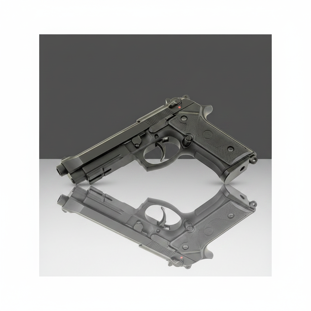 Pistola softair a gas M9 Vertec Blowback nera - vista laterale destra su sfondo scuro piano a specchio