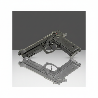 Pistola softair a gas M9 Vertec Blowback nera - vista laterale destra su sfondo scuro piano a specchio