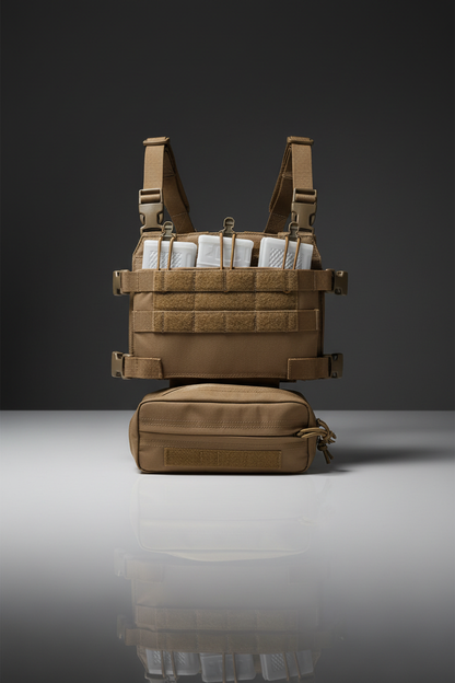 Pettorina tattica softair Big Foot R Assault Chest Rig Tan - dettaglio pannello MOLLE con porta-caricatori bungee su sfondo scuro piano a specchio