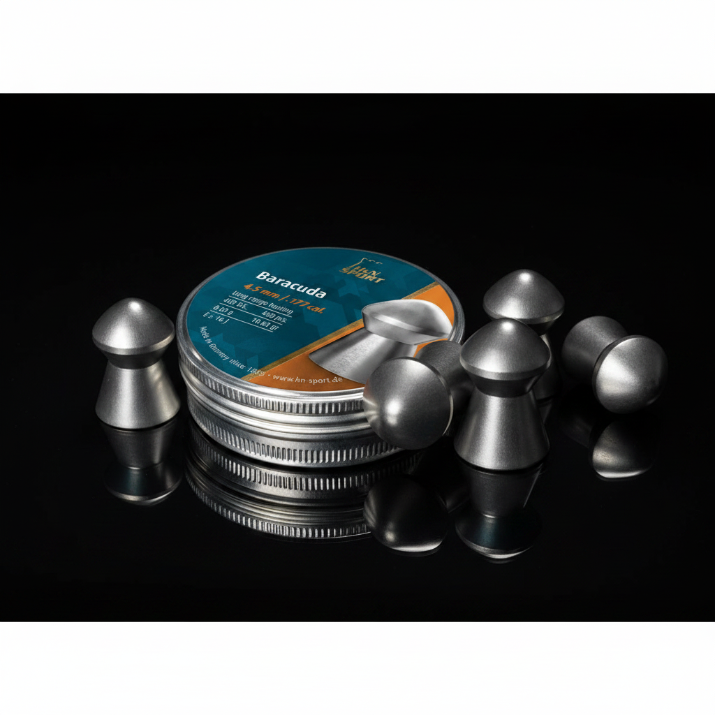 H&N Sport Baracuda piombini 4,5mm 400pz su sfondo scuro con piano a specchio