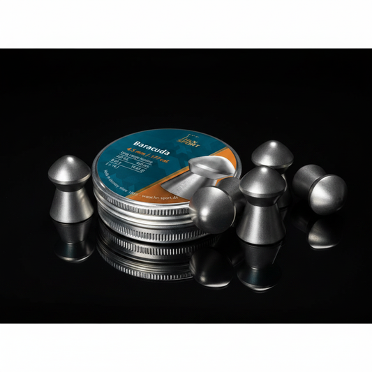 H&N Sport Baracuda piombini 4,5mm 400pz su sfondo scuro con piano a specchio