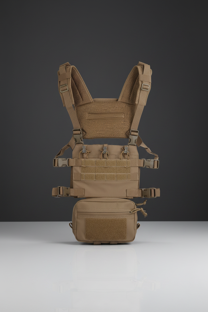 Pettorina tattica softair Big Foot R Assault Chest Rig colore Tan con sistema MOLLE su sfondo scuro piano a specchio