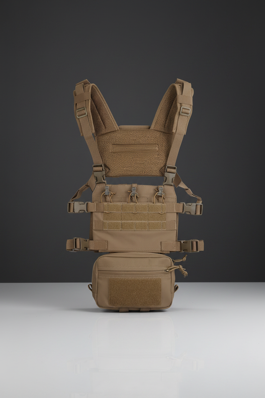 Pettorina tattica softair Big Foot R Assault Chest Rig colore Tan con sistema MOLLE su sfondo scuro piano a specchio