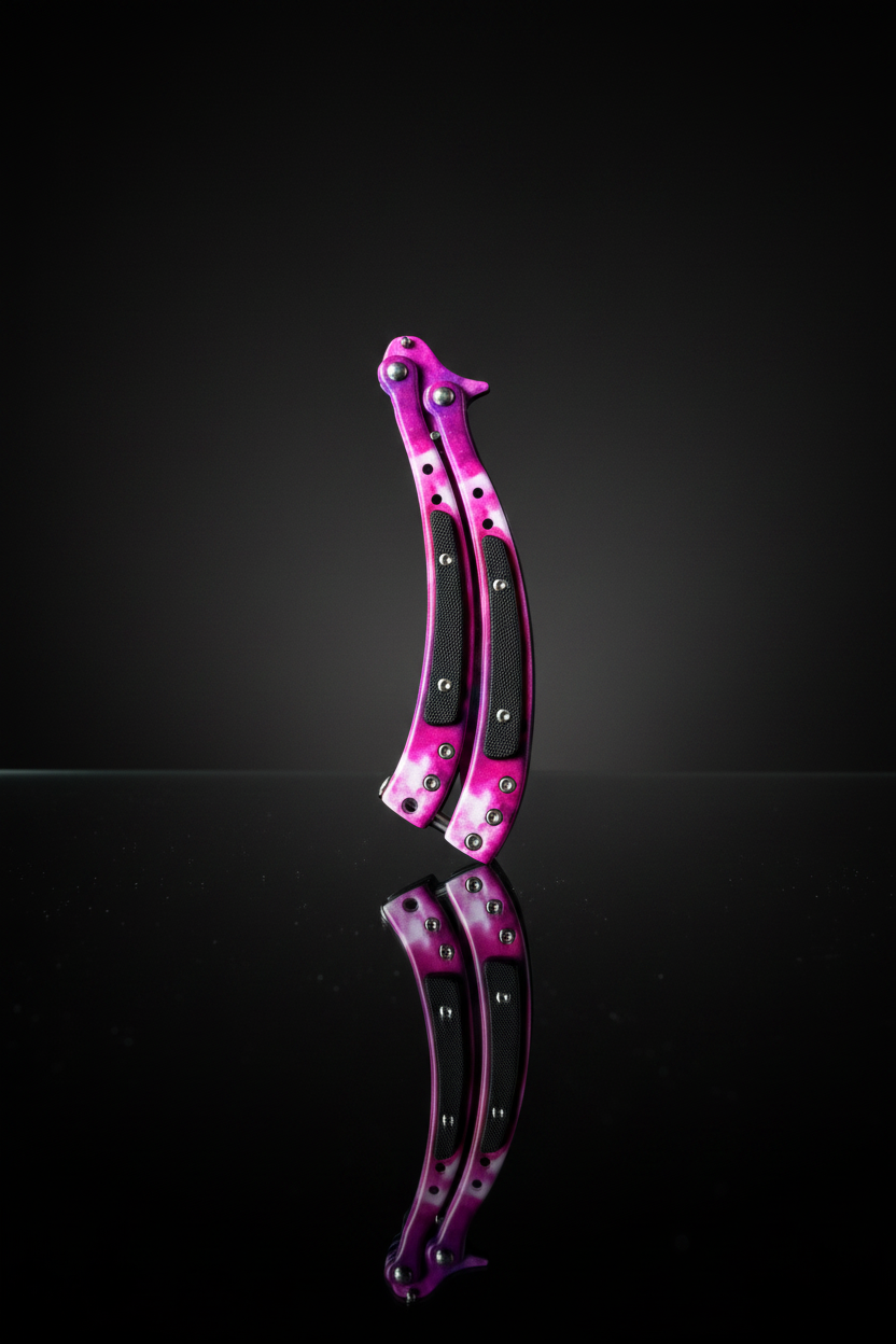 Coltello Butterfly Curved Galaxy Pink – Vista chiusa, sfondo scuro specchio