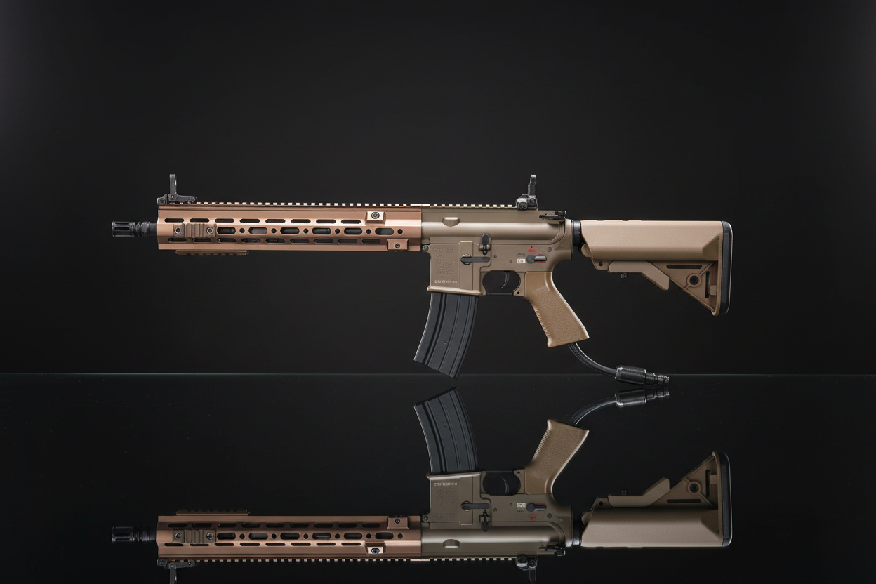 Double Bell M416 Long Tan HPA – sfondo scuro piano a specchio