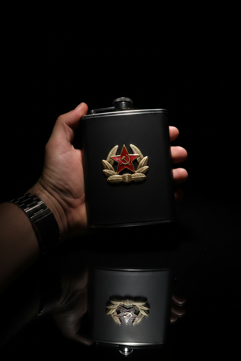 Fiaschetta sovietica USSR in acciaio inox e ecopelle nera con stemma CCCP falce e martello