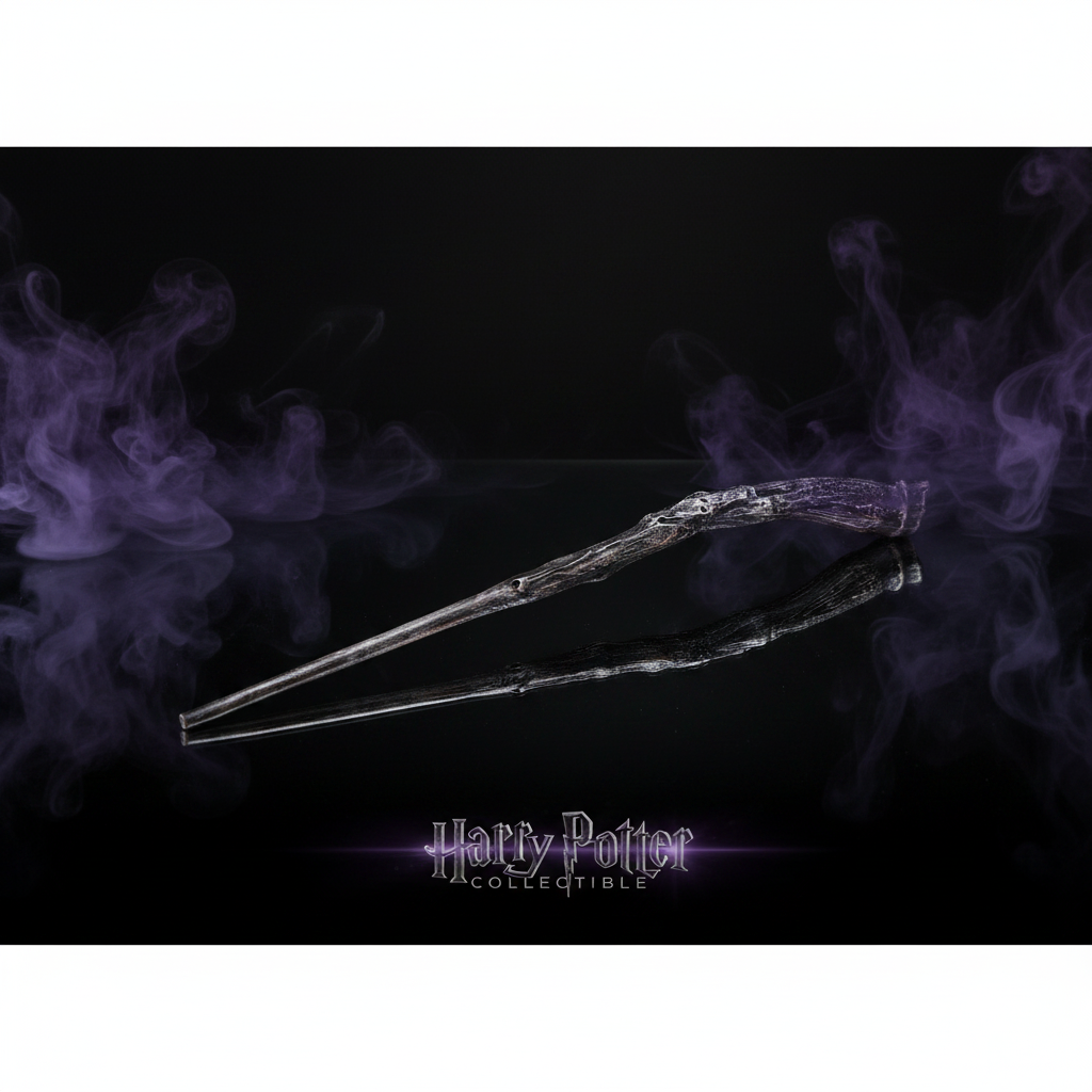 Bacchetta magica Bellatrix Lestrange 35cm su sfondo scuro con piano a specchio