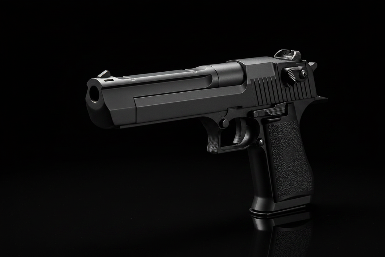 Double Bell Desert Eagle 779S airsoft vista tre quarti frontale con canna lunga e mirino anteriore su sfondo nero piano a specchio