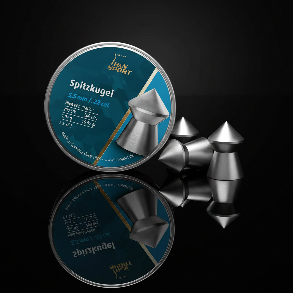 H&N Sport Spitzkugel piombini punta conica 5,5mm 200pz su sfondo scuro con piano a specchio