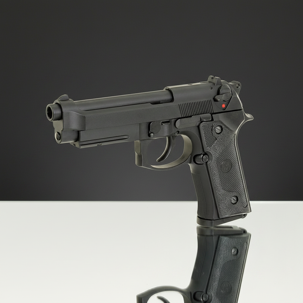 Pistola softair a gas M9 Vertec Blowback nera vista 3/4 su sfondo scuro piano a specchio