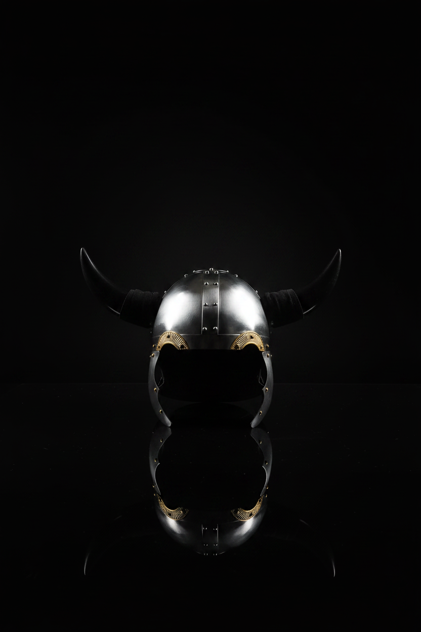 Wikinger-Helm aus Stahl mit echten Ochsenhörnern und goldenen Verzierungen