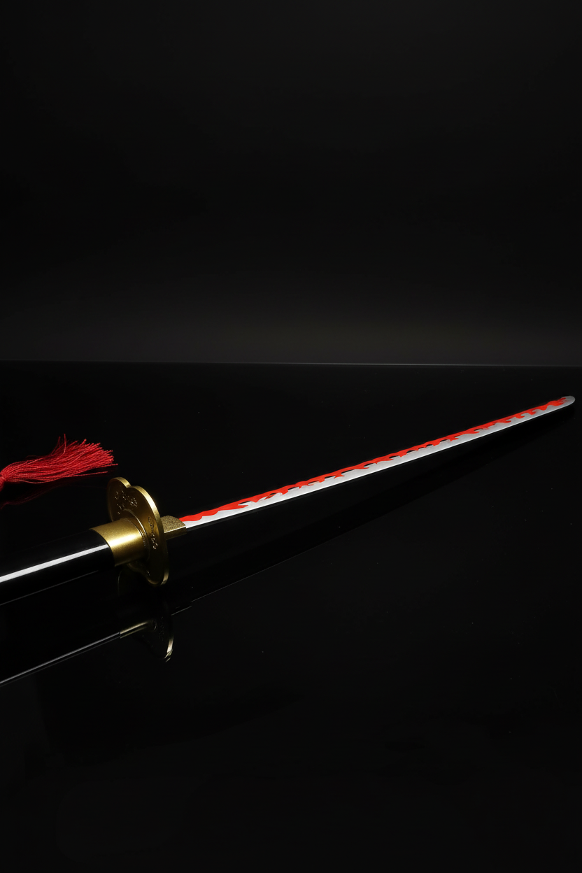 Katana Enma – Dettaglio lama con fiamme rosse