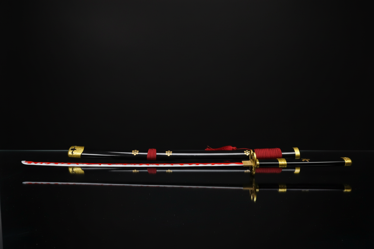 Katana Enma Zoro – Foto reale sfondo nero piano a specchio