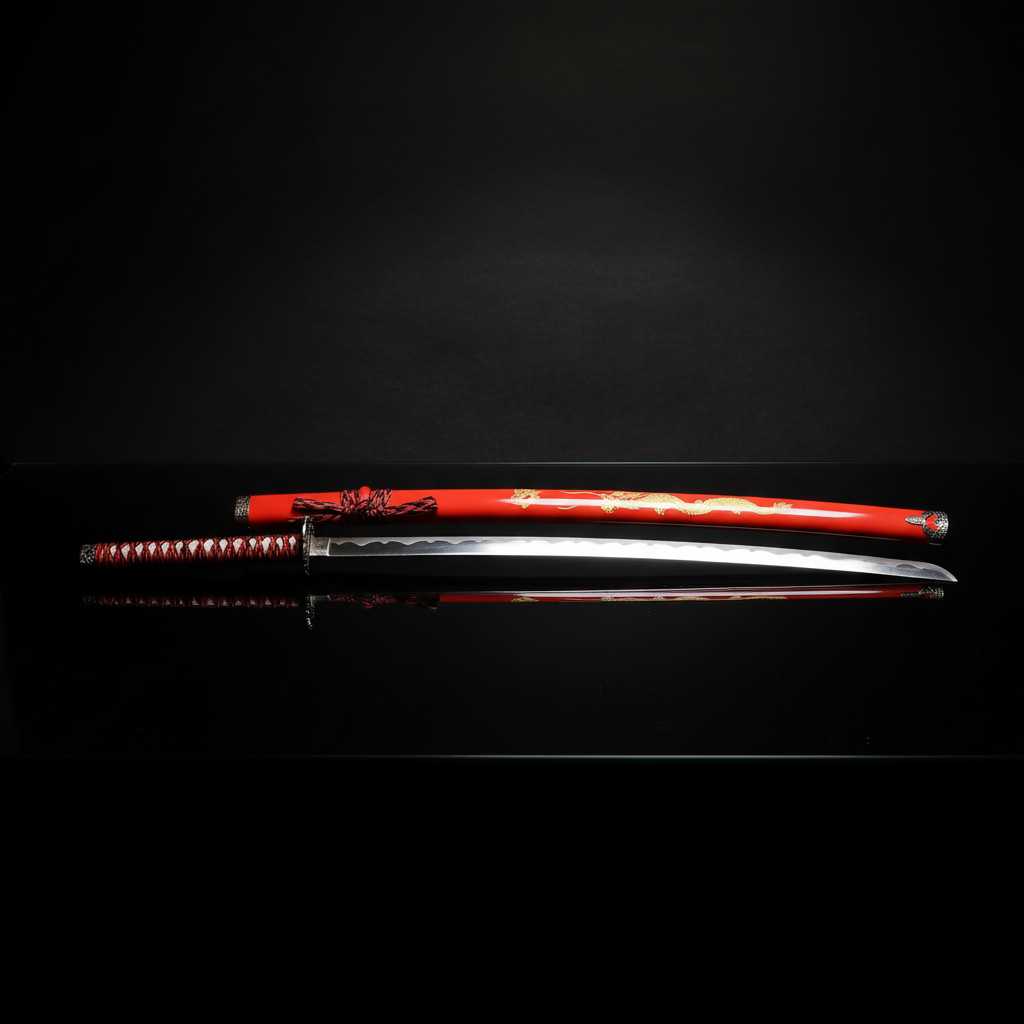 Katana rossa con drago dorato - vista orizzontale