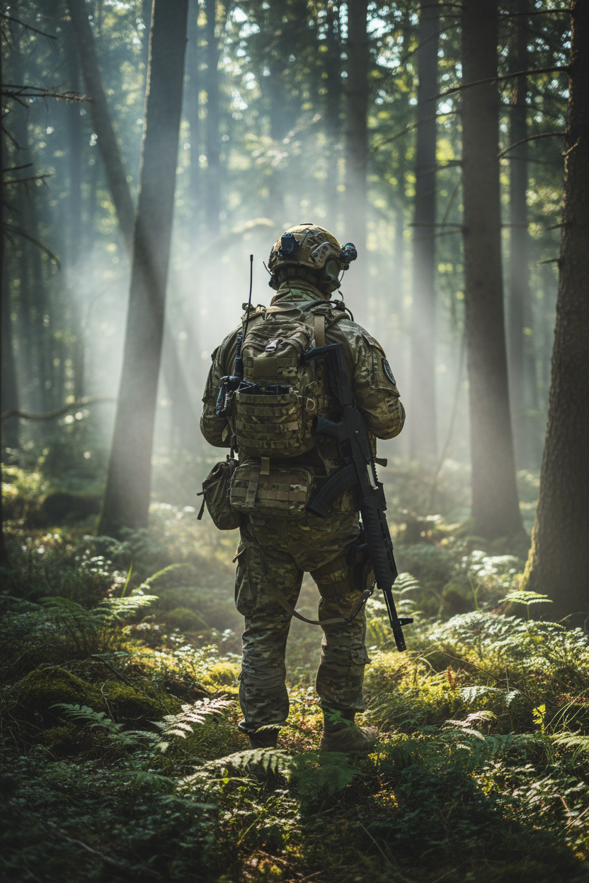 Militare nel bosco visto da dietro