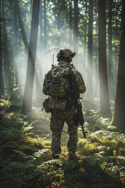 Militare nel bosco visto da dietro