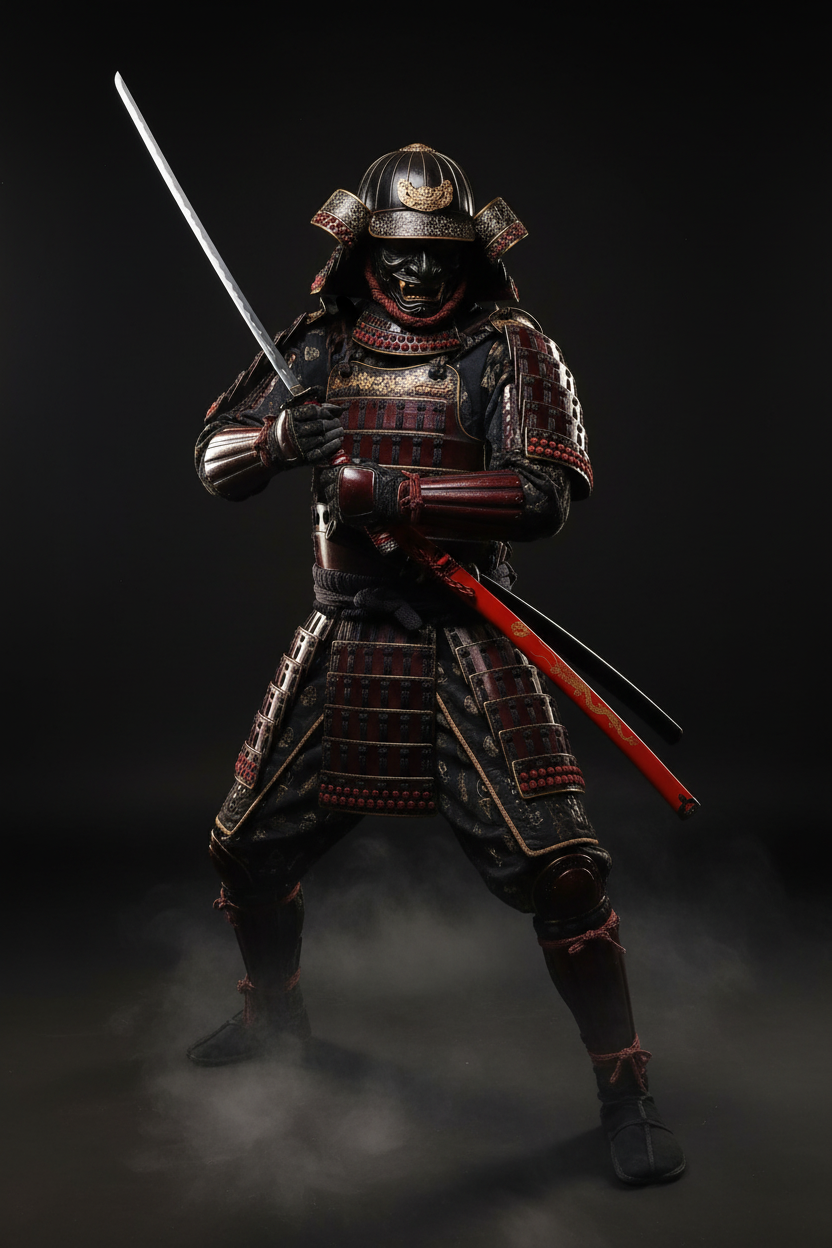 Samurai con katana rossa - posa verticale