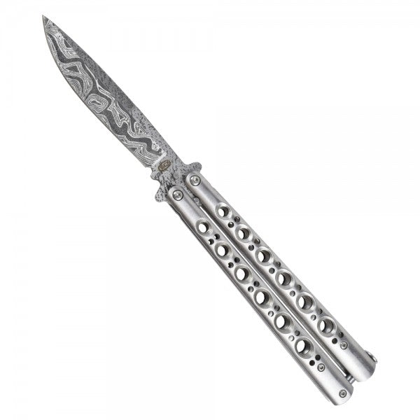 Coltello Butterfly Lama In Acciaio Damascata, Manico Traforato