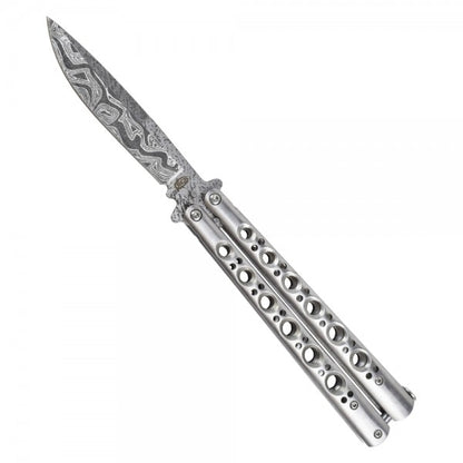 Coltello Butterfly Lama In Acciaio Damascata, Manico Traforato