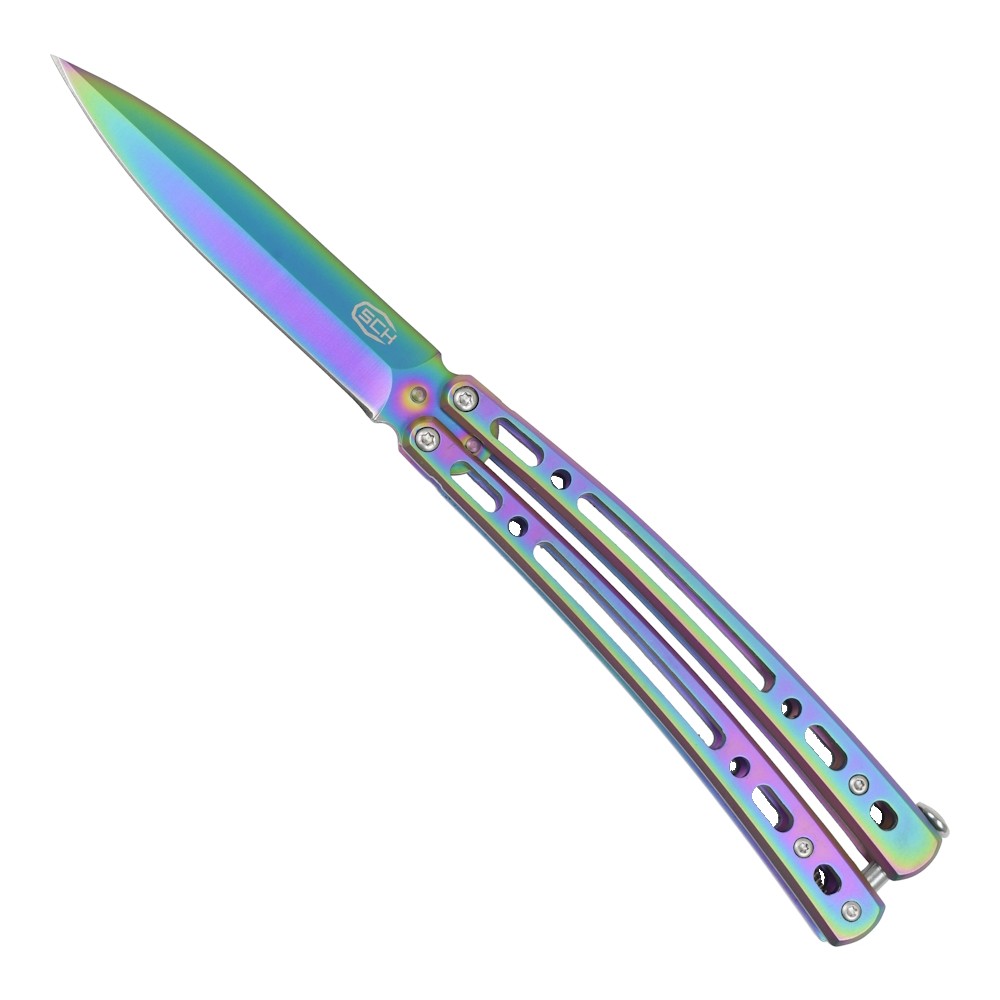 Coltello Butterfly Rainbow Lama In Acciaio, Manico Traforato