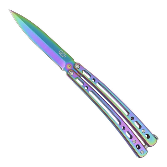 Coltello Butterfly Rainbow Lama In Acciaio, Manico Traforato